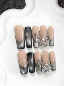 10件套奢华女继承人风格凝胶美甲套装，亚克力按压式美甲贴片，银色十字架，双樱桃美甲装饰，闪亮银色星空美甲贴纸，黑色指甲油，豹纹风格，送给女性和女孩的绝佳礼物，包含美甲工具（1张果冻贴片+1个指甲锉），3种尺寸：杏仁形、鸭嘴形、棺材形，适合日常、通勤、派对、摄影、冬季美甲，手工按压式美甲贴片。 - 彩色 - 查看 11