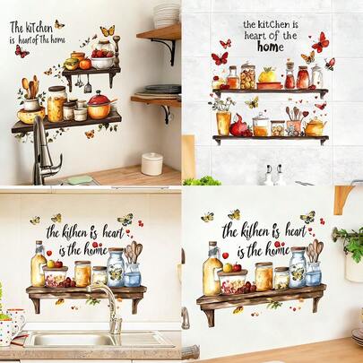 1/3pcsWaterproof Kitchen Wall Decals Floating Shelf Design With Food Jars And Motivational Quote Vinyl Stickers For Home Decor Kitchen Backsplash Art
