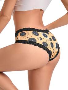 Dircho 5pcs Women's Mystic Print Briefs Set & Celestial & Mushroom & Deer Pattern & Black Lace Trim & Soft Fabric & Dark Tone Scheme & Daily Comfort Underwear & Enchanting Casual Style - Multicolor - View 2