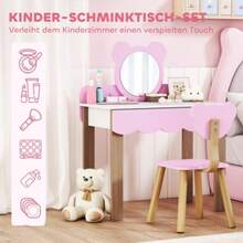 Children's Dressing Table Set With Stool, Makeup Mirror, Bear Shape, Drawer, MDF, Pink