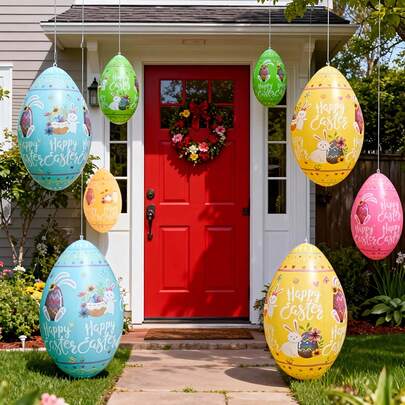1pc Easter Balloon, Printed With "Happy Easter" Text And Cute Rabbit Design, 13.77 Inch Large Inflatable Easter Egg | Made Of PVC Material, Suitable For Party, Holiday, Outdoor Yard Decor And Indoor Home Decor
