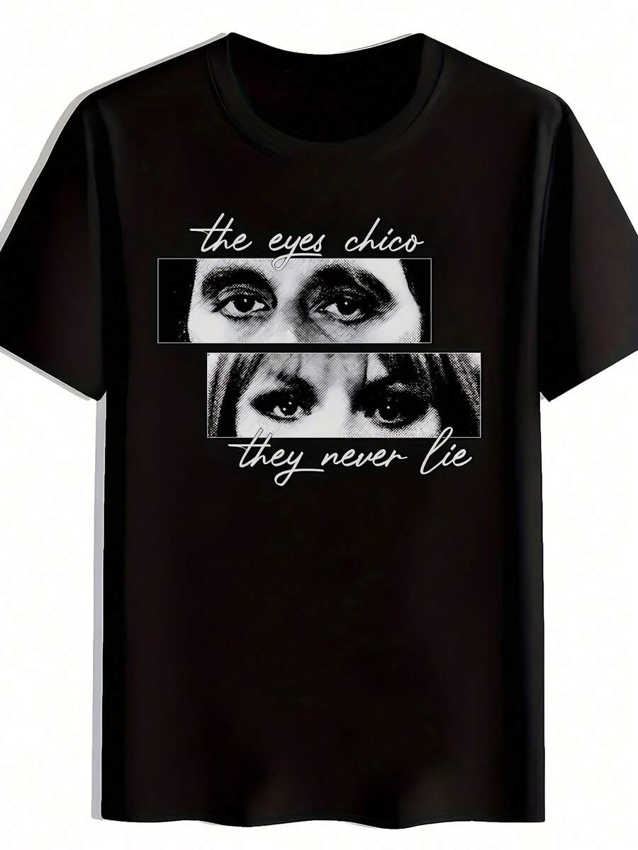 Camiseta gráfica casual para hombres - Impresión "Los ojos chic nunca mienten", con texto, manga corta, cuello redondo, mezcla de poliéster ligero, perfecta para atuendo casual, camiseta de uso diario| Camiseta gráfica llamativa| Ajuste cómodo - Negro - Ver 1