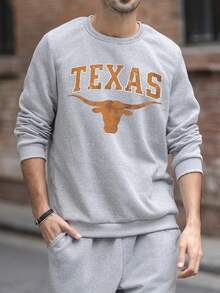 Sudadera De Cuello Redondo Casual Y Holgada Cómoda Para Hombres Con Gráfico Retro Del Longhorn De Texas Estadounidense, Estilo Callejero Hip Hop - Màu Xám nhạt - Xem 2