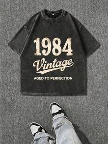 1984 Vintage Oversized T-Shirt - Aged To Perfection Stone-Washed Retro Distressed Black Tee With Vintage Print, Unisex Loose Fit Casual Streetwear For Men & Women, All-Season Comfort, Durable Hot Transfer Graphic - 黑色 - 查看 4