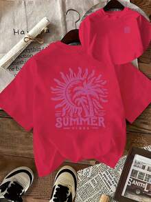 [Women's Coconut Tree-Shirt] Women's Spring/Summer Casual Round Neck Short Sleeve Fashion Coconut Tree Print-Shirt, Stretch Polyester Fabric, Easy Care And Washable, Suitable Casual Attire. Women's Clothing, Standard Size Valentine Outfits Women,Summer Outfits DJQZ - Đỏ - Xem 6