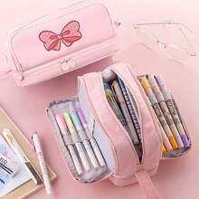 Pink Bowknot Design Kawaii Multi-Layer Large Capacity Pencil Case,Waterproof Internal Multi-Pocket Pencil Case,Stationery Box New Large Capacity Upgrade Window Prism Flap Student Stationery Waterproof Storage Box - Multicolor - View 1