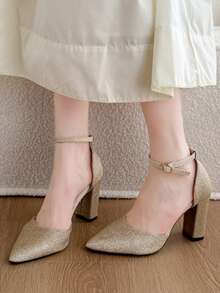 Elegant Party Pointed Toe Mary Jane Women's Gold Champagne And Silver High Heel Pumps, Sexy Modern Ankle Strap Chunky Heels - Champagne - View 3