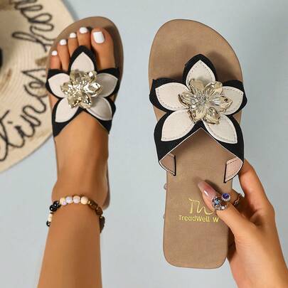 女士时尚花卉休闲平底凉鞋，夏季百搭沙滩鞋