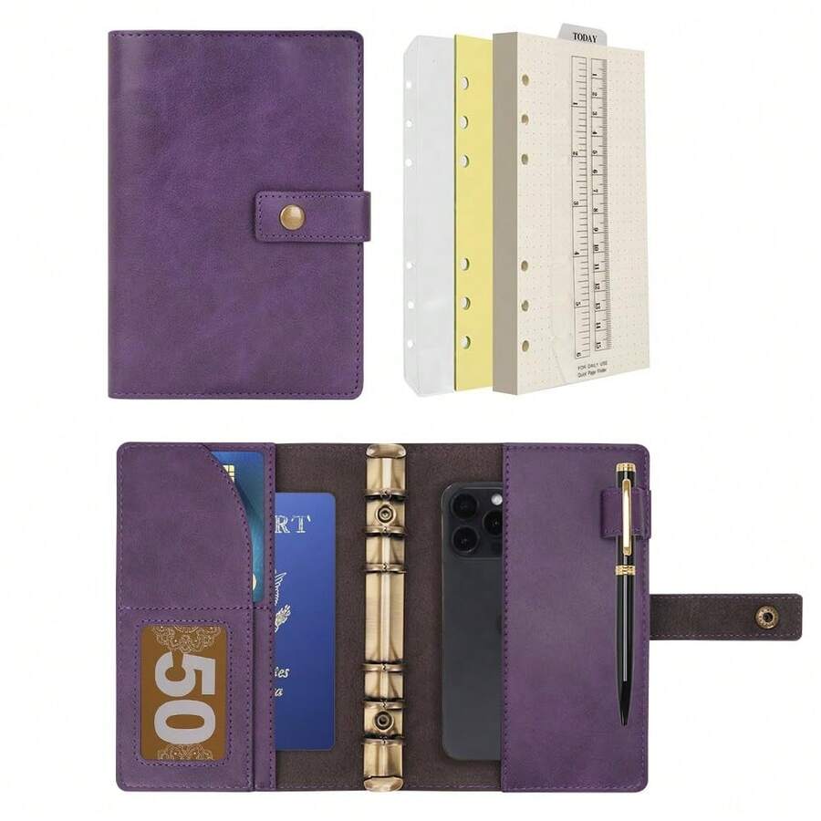 Cuaderno de piel con papel punteado recargable - Diario espiral de piel con bolsillos organizadores internos para hombres y mujeres (Morado, A6) - Morado - Ver 1