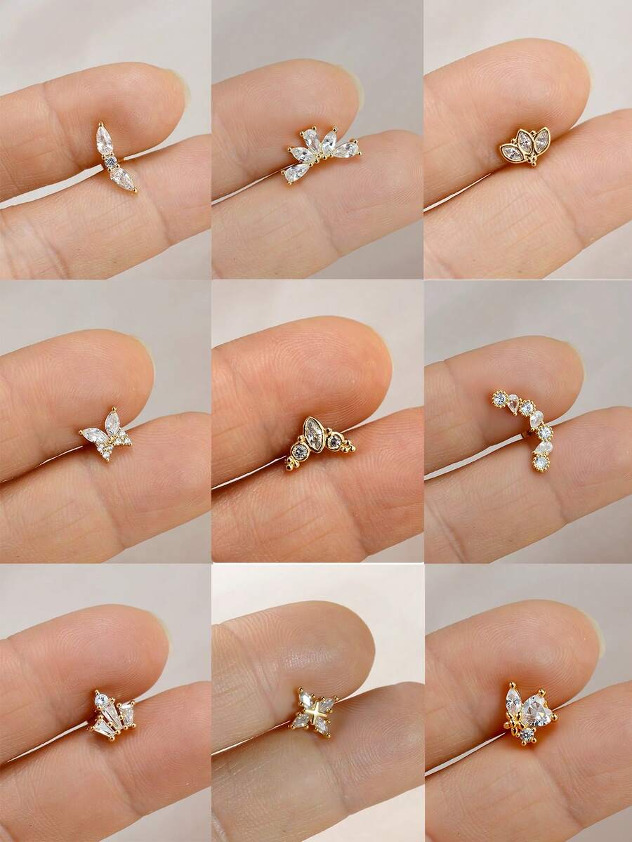 1 pieza Pendientes de botón chapados en oro de 18K, diseñados para oídos sensibles, pendientes de botón con corona de cobre, hoja y cruz de circonita, adecuados para cartílago de la oreja, hélix, trago, concha, lóbulo, daith, bajo contenido de alergia, 20G - Un par de pendientes de circonita redonda - Ver 1