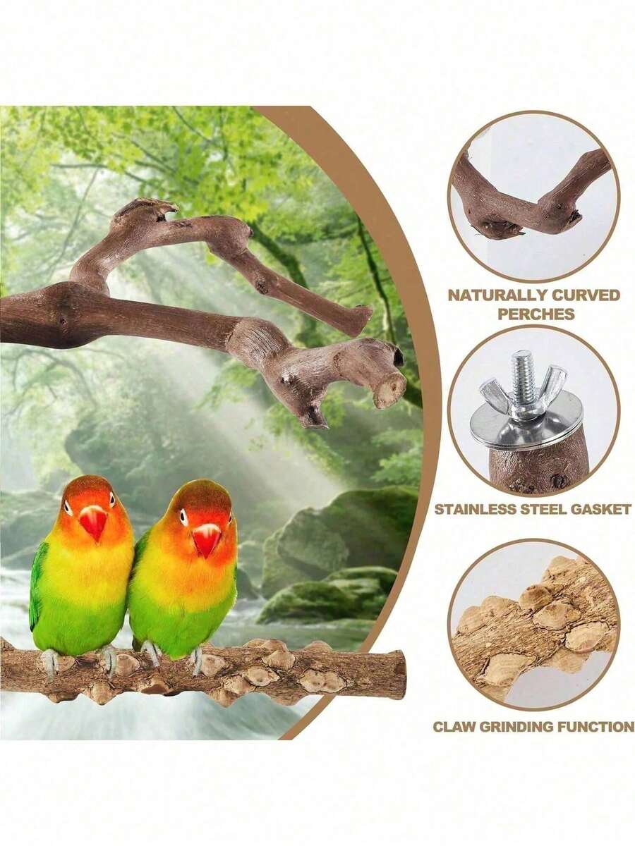 5pcs Bird Perch Set, Natural Wooden Parrot Perch Stand, 3pcs Grape Wood Perches, 2pcs Stands, Claw Grinder, Tiger Stripe Parrot Chew Stick, Training Branches, Suitable For Cockatiel, Small & Medium Birds - Brown - View 1