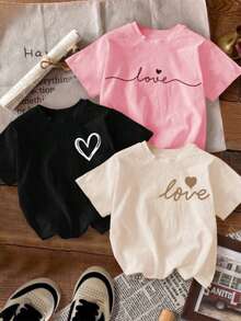 Set de 3 camisetas de manga corta con cuello redondo y estampado casual para niñas y estudiantes adolescentes, verano - Hueso - Ver 5