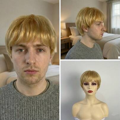 男士时尚配饰 - 金色假发全套，纽扣网，耐热，外观自然，适合男士日常穿搭或万圣节装扮，易于打理