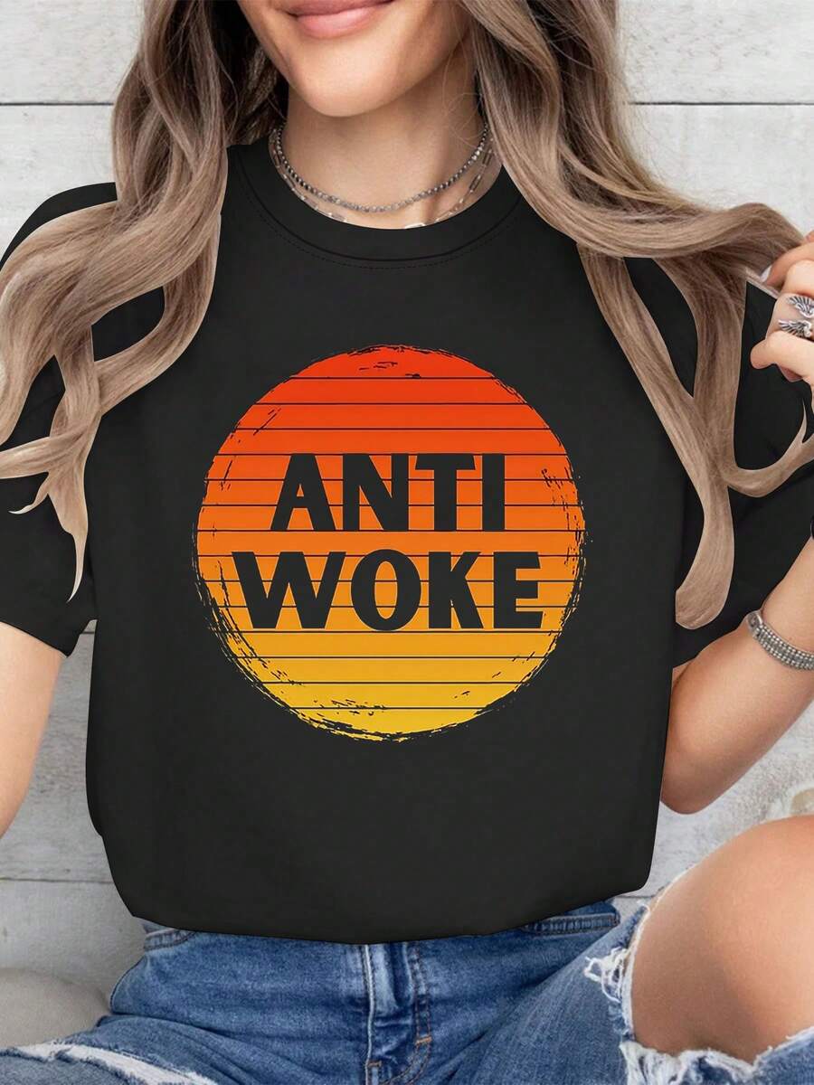 Women'S Anti-Woke Graphic T-Shirt - Bold Statement Tee With Anti-Woke Text, Black Shirt For Political Expressions, Everyday Casual Outfits - Lightweight Spring/Summer Top For Women, Summer Fashion, Geometric Print, Comfortable Fit, Statement Shirt, Fashion Enthusiasts - 黑色 - 查看 1