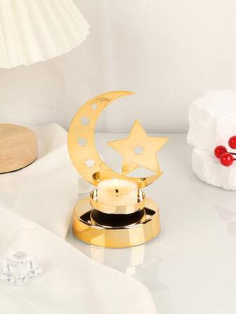 1Pc/Set Star And Moon-Shaped Hollow Candle Holder. It Is Made Of Metal. The Body Features A Combination Design Of A Crescent Moon And A Five-Pointed Star, Both Decorated With Star-Shaped Cutouts. Suitable For Decorating Bedrooms, Modern Luxury Living Rooms, Artistic Bookstores, Bedroom Desks, And Dining Tables. It Is Also Appropriate For Festive Arrangements For Occasions Such As Eid Or Anniversaries.