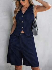 Women's Casual Striped Sleeveless Top And Pocket Shorts Suit Set - Royal Blue - View 3
