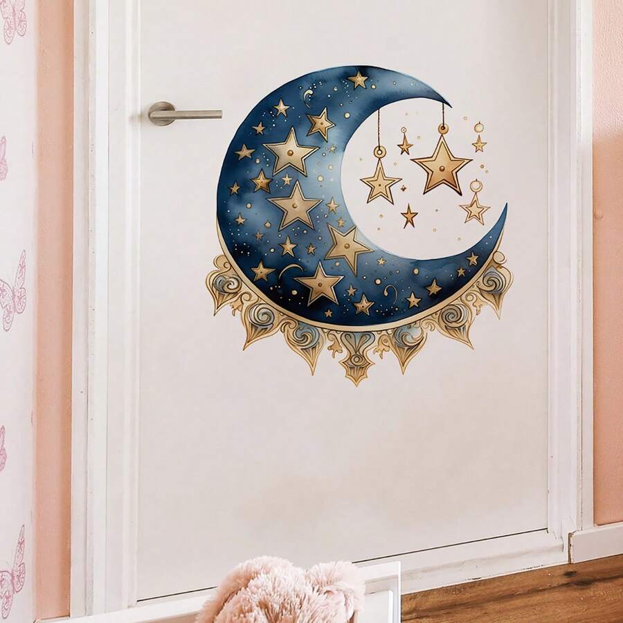 1张水彩夜空星月墙贴，3D立体防水防油PVC墙贴，适用于斋月、卧室、厨房、客厅 - 彩色 - 查看 1