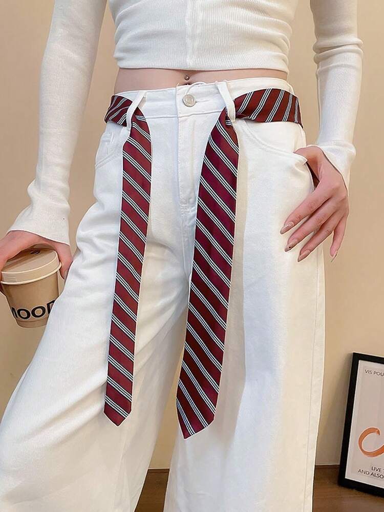 1 pièce Cravate rouge vif faite à la main, bandeau mode femme, cravate d'uniforme JK, design rayé long et mince, convient pour les occasions décontractées, les sorties de week-end, les rendez-vous, le campus, la photographie de rue et autres. Accessoire mode multifonctionnel, peut également être utilisé comme décoration et cadeau de la Saint-Valentin. - Rouge foncé - Voir 3