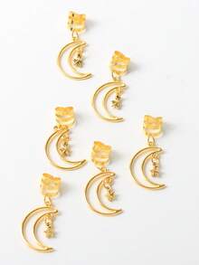 6pcs Fashion Gold Star & Moon Pendant Hair Rings, Women's Personalized Punk Hip-Hop Hair Clips, Eid Gift Hair Accessories, Claw Clips, Hair Barrettes - Gold - View 3