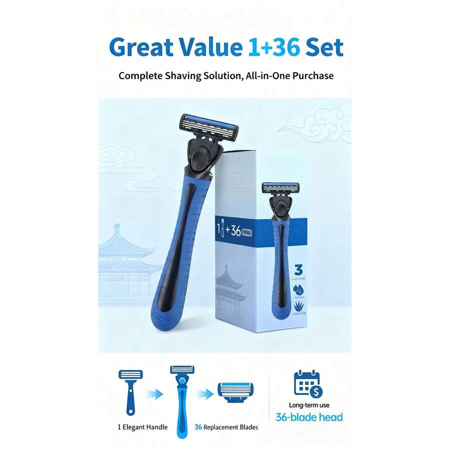 1 Handle + 36 Blades, 3-Layer Manual Safety Razor, Unisex, 6-Layer Stainless Steel Hair Removal Razor Blades, Replaceable Blade Shaving Tool - Multicolor - View 1