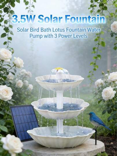 DIY Dekorativ fontän och fågelbadsset med 3,5 W solcellsdriven fontänpump, 3,5 W solcellsdriven fontän i 3 nivåer med avtagbart vattenfall och automatisk bevattning, solcellsdriven fågelbadsmatare för utomhusträdgård, uteplats, trädgårdsdekor