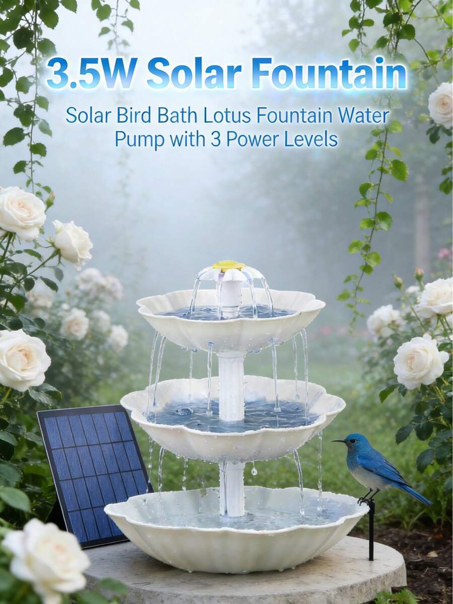 DIY装饰喷泉和鸟浴盆套装，包含3.5W太阳能喷泉泵、3.5W三层太阳能喷泉（带可拆卸瀑布和自动浇水功能）以及太阳能鸟浴喂食器，适用于户外花园、露台、庭院装饰。 - 彩色 - 查看 1