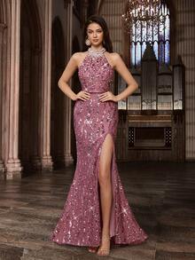 Vestido de noche elegante para mujer con perlas, con adornos de lentejuelas brillantes, adecuado para ocasiones formales como galas, fiestas de graduación, fiestas de cumpleaños, fiestas de cóctel, vestido largo con espalda descubierta y abertura alta en un solo color sin mangas