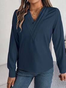 Women's Elegant Commuter Casual Solid Color V-Neck Long Sleeve Shirt, Spring/Summer - Navy Blue - View 7