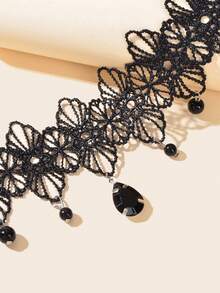 1件哥特复古配饰水滴吊坠黑色镂空花朵蕾丝颈链派对日常饰品 - 黑色 - 查看 3