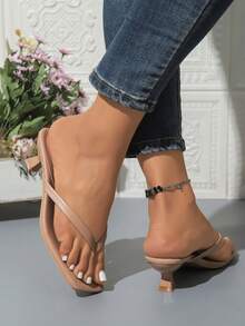 Summer New Soft Leather Square Toe Sandals, Thong Kitten Heel Sandals, Versatile Stilettos Flip Flops For Women - Apricot - View 1