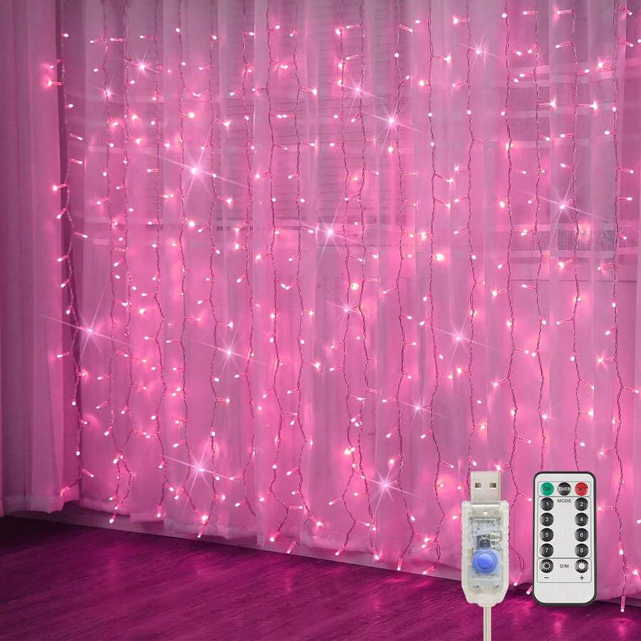 1pc 100/200/300 LED Curtain Lights With 8 Modes, USB Powered, With Remote Control, Fairy Light Strings Perfect For Weddings, Christmas And Holiday Home Decor, Bedroom Decor, Garden, LED, Lights, Home Decor, Bedroom Decor - 粉色 - 查看 1