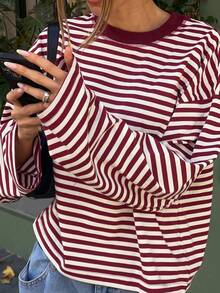 Plus Size Women's Red And White Striped Knit Fabric Regular Sleeve Crew Neck Long Sleeve Top Casual Spring - Red - View 8