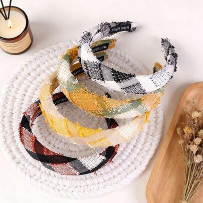 女士毛边拼接发箍 - 格子布宽发箍，复古方格图案，弹性柔软发饰，美式日常/派对发箍（4种颜色可选），发带