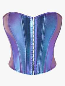 大码全息紫色金属质感PU皮革哑光露脐上衣，Y2K派对夜店装扮 - 紫丁香色 - 查看 8