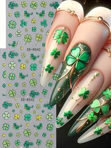2pcs 5D Embossed Green Nail Art Stickers, Four-Leaf Clover & Love Bird Design, Sliding Style Nail Decals, Nail Art Supplies & Decorations - Multicolor - View 8