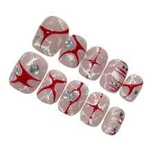 10Pcs False Nails Pink With Red Line Crystal Rhinestone Short Square Handmade Press On Nails For Halloween Party Photography - Multicolor - View 8