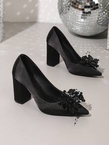 Nuevos tacones altos de punta negros de moda, tacones gruesos con decoración de flores de perlas falsas, tacones gruesos para mujeres - Negro - Ver 6