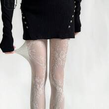 Vintage Hollow Flower Fishnet Stockings Hot Girl Jacquard Fishnet Stockings Y2K Fishnet Stockings Black Sexy Anti-Snag Stockings - tất lưới hoa màu xám nhạt - Xem 8