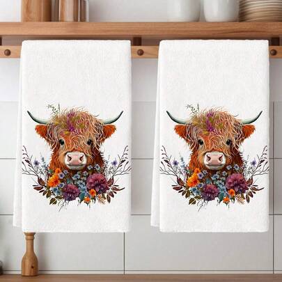 2pcs Highland Cow Kitchen Towels Kitchen Cloths, Polyester Hand Towels With Flowers Pattern, Super Soft Woven Dishcloths, Machine Washable, Ideal For Holiday Gifts & Home Decor.
