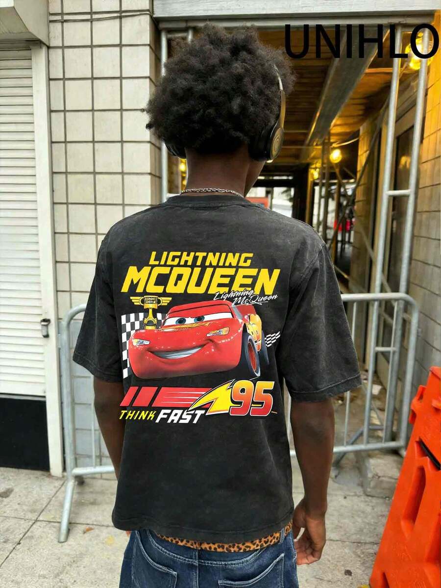 Disney UNIHLO   Lightning Mcqueen   Printed Summer Heavyweight Retro Washed Street Fashion Casual T-Shirt - 黑色 - 查看 1