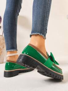 New Women's Loafers Thick Sole Spring/Autumn Fashion Versatile PU Outdoor Wear Bow Patent Leather Black Round Toe Slip-On Shoes - Green - View 6