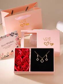 MESTILO 3pcs Minimalist Fashion Gold-Tone Copper Micro-Inlaid Cubic Zirconia Four-Leaf Hollow Zirconia Earrings & Necklace Gift Set, Suitable For Boyfriend, Girlfriend, Valentine's Day, Mother's Day