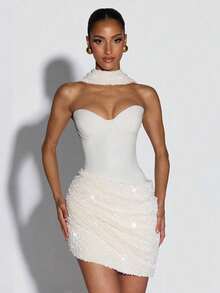 Vestido mini asimétrico plisado de ajuste ceñido sin cuello y sin mangas - Blanco - Ver 1