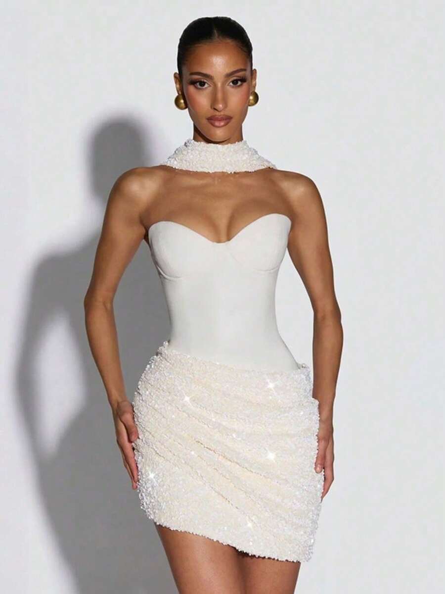 Vestido mini asimétrico plisado de ajuste ceñido sin cuello y sin mangas - Blanco - Ver 1