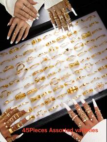 22/45件/套 时尚波西米亚几何简约不对称戒指套装，仿珍珠金色指环饰品，女士珠宝礼物，日常配饰 - 女士戒指套裝 - 查看 9