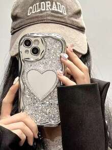 情人节Y2K奢华亮片波浪电镀闪亮镜面3D爱心狗狗硅胶手机壳，兼容 14/15/13/12 Pro Max/14/15 Plus/11，防震边框和防刮后盖 - 愛心鏡 - 查看 4