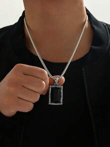 1pc Fashionable Punk Vintage Black Obsidian Pendant Necklace, Stainless Steel Necklace For Men - Necklace - View 2