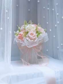 Artificial Rose Bouquet, Forest Style Fake Rose Ball Decorated With Green Leaves And Lace Ribbons, Perfect For Weddings, Engagements, Bridal Bouquets, Valentine's Day, Birthday Gifts, Photography Props, Wedding Decor, And Home Decor. - Multicolor - View 5