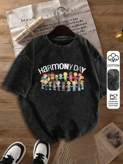 1. 儿童多色印花圆领短袖T恤，包容保暖设计，大码女式T恤，水洗棉T恤，大码女式休闲服，波点面料，大码舒适圆领休闲上衣，复古做旧T恤，大码女装，春夏服装