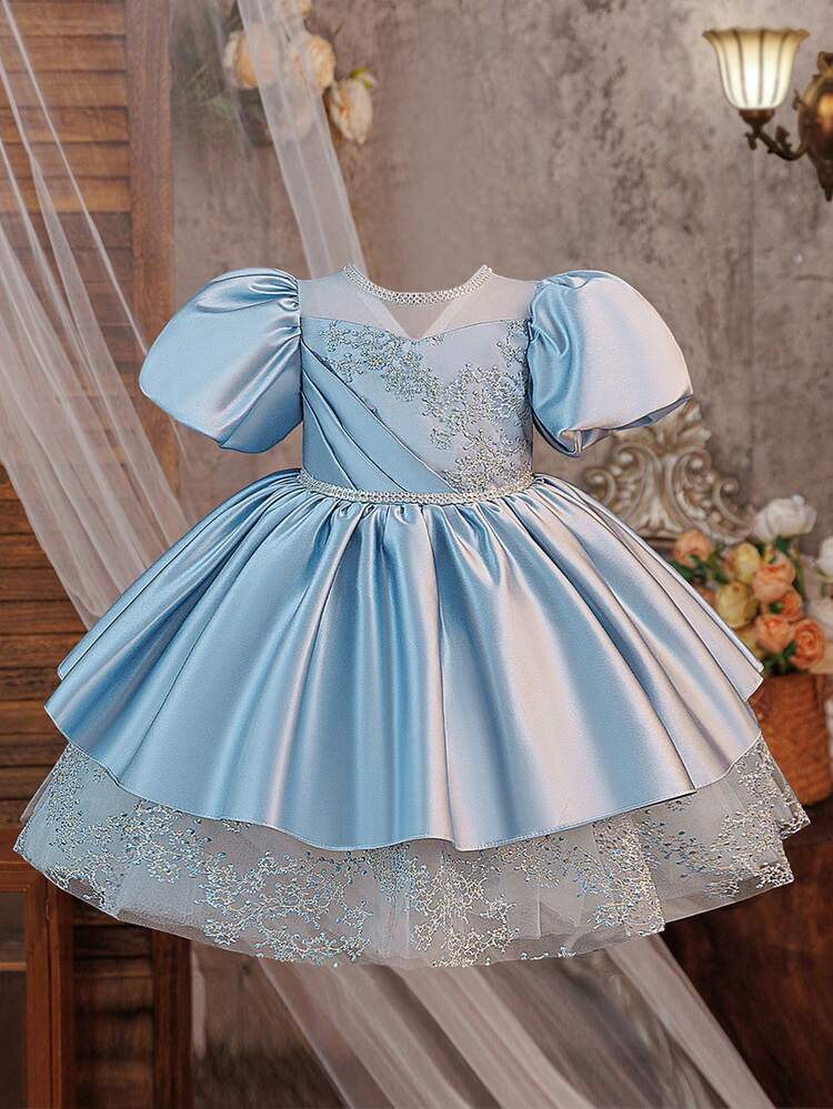 Vestido elegante de satén con volantes, bordado y con pedrería para niñas, apropiado para recitales de piano, cumpleaños, fiestas de baile y galas de noche. No incluye diadema. - Azul - Añade 3